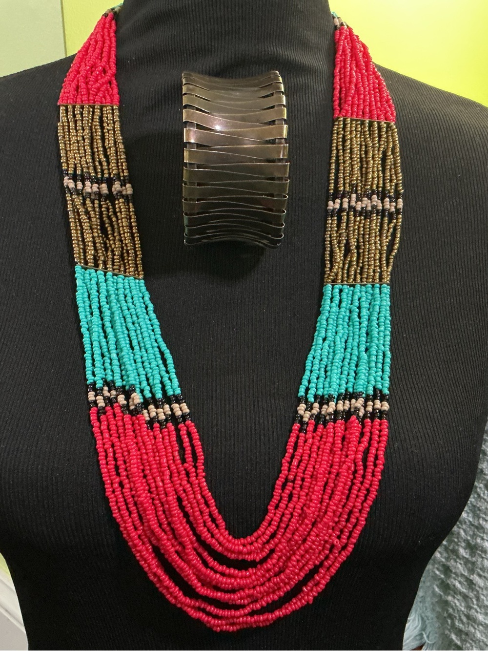 Multistrand Beaded Necklace in Red, Turquoise & Gold Matching Bracelet